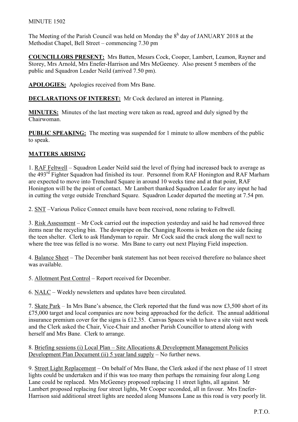 MINUTE 1502 P.T.O. the Meeting of the Parish Council Was Held on Monday the 8H Day of JANUARY 2018 at the Methodist Chapel, Bell