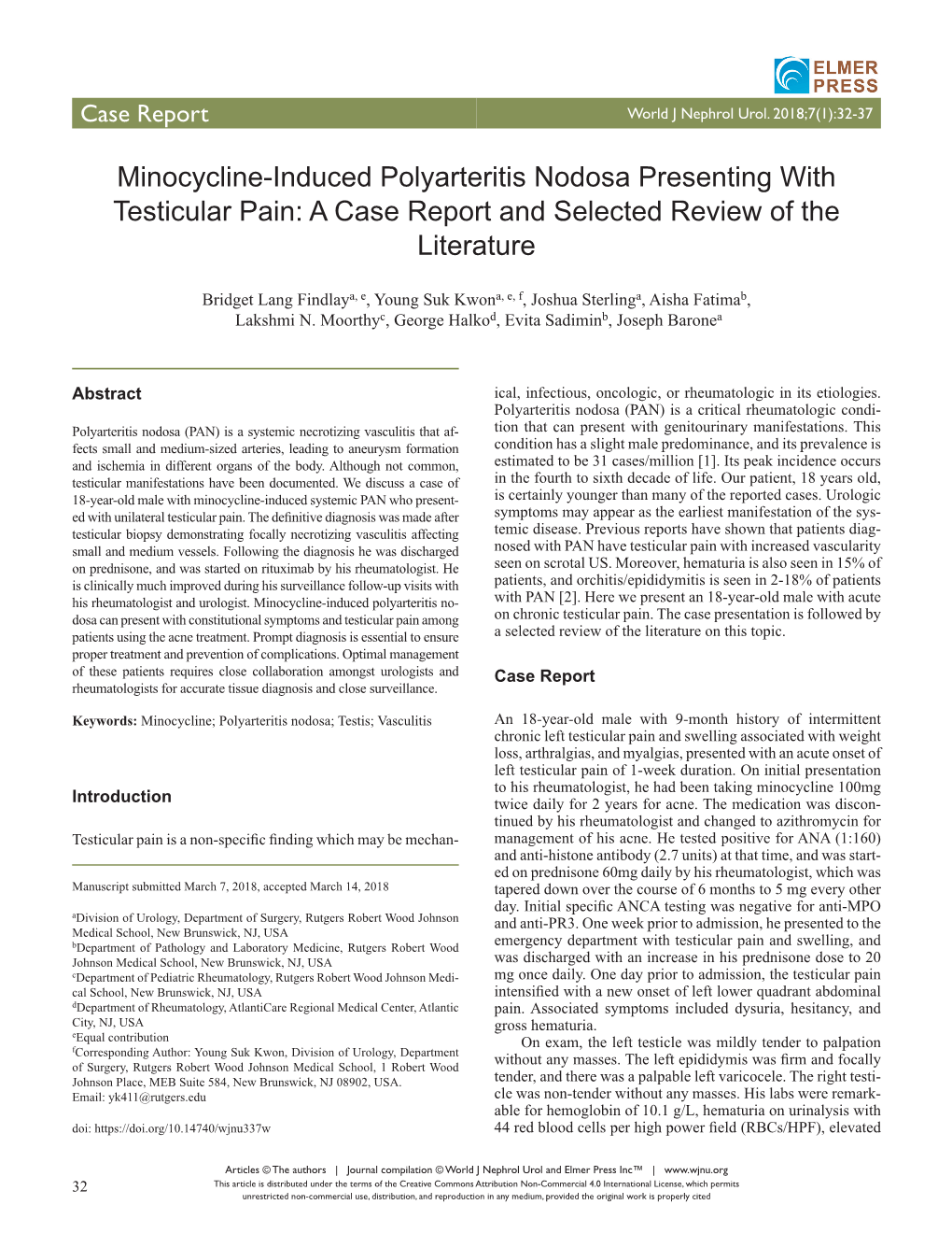 Minocycline-Induced Polyarteritis Nodosa Presenting with Testicular Pain: a Case Report and Selected Review of the Literature