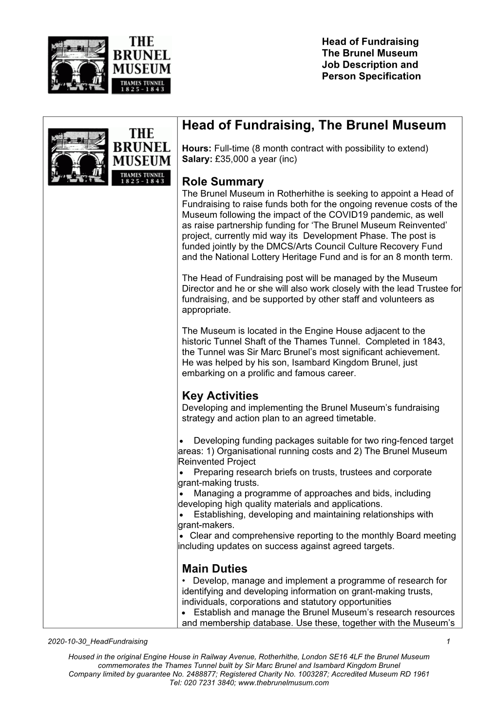 Head of Fundraising, the Brunel Museum