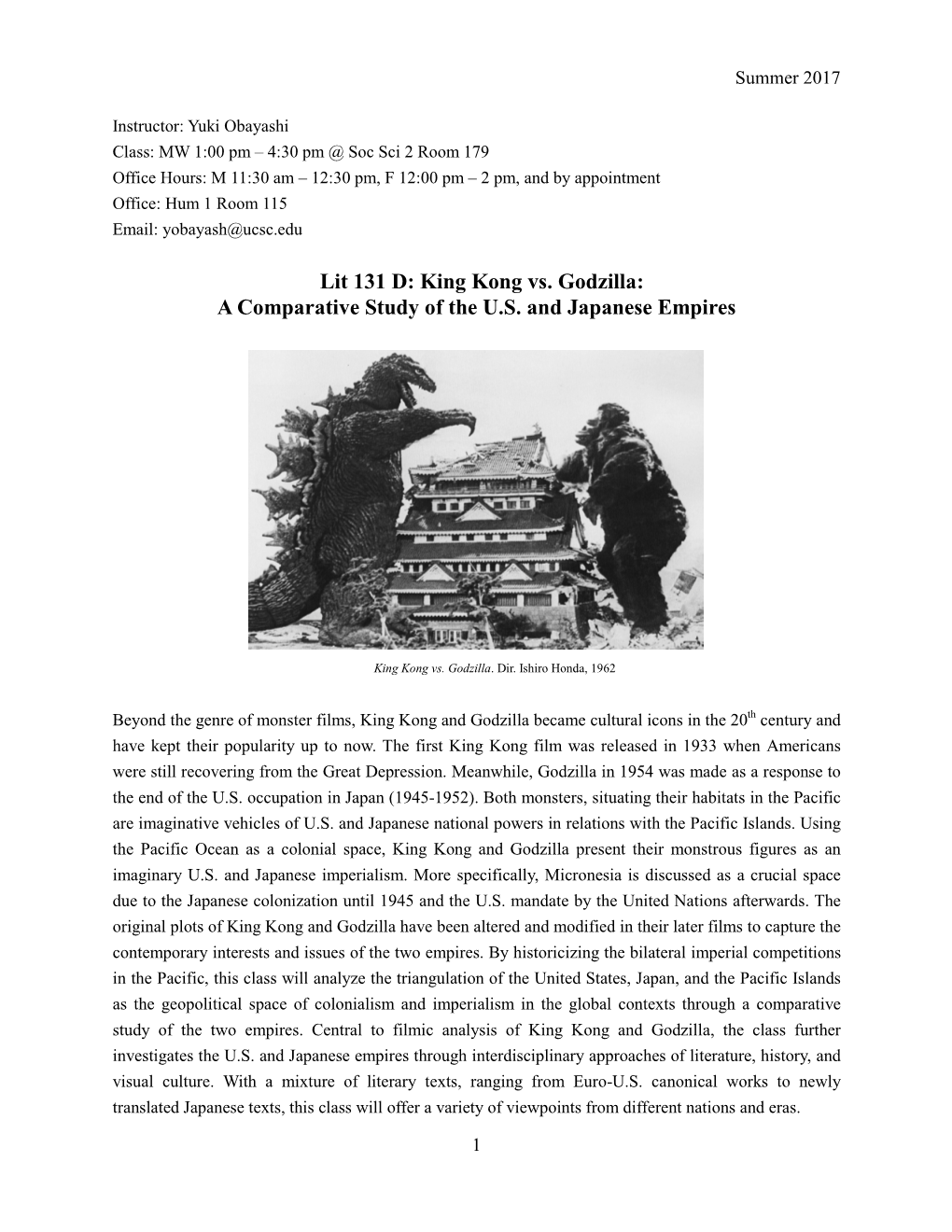 Lit 131 D: King Kong Vs. Godzilla: a Comparative Study of the U.S