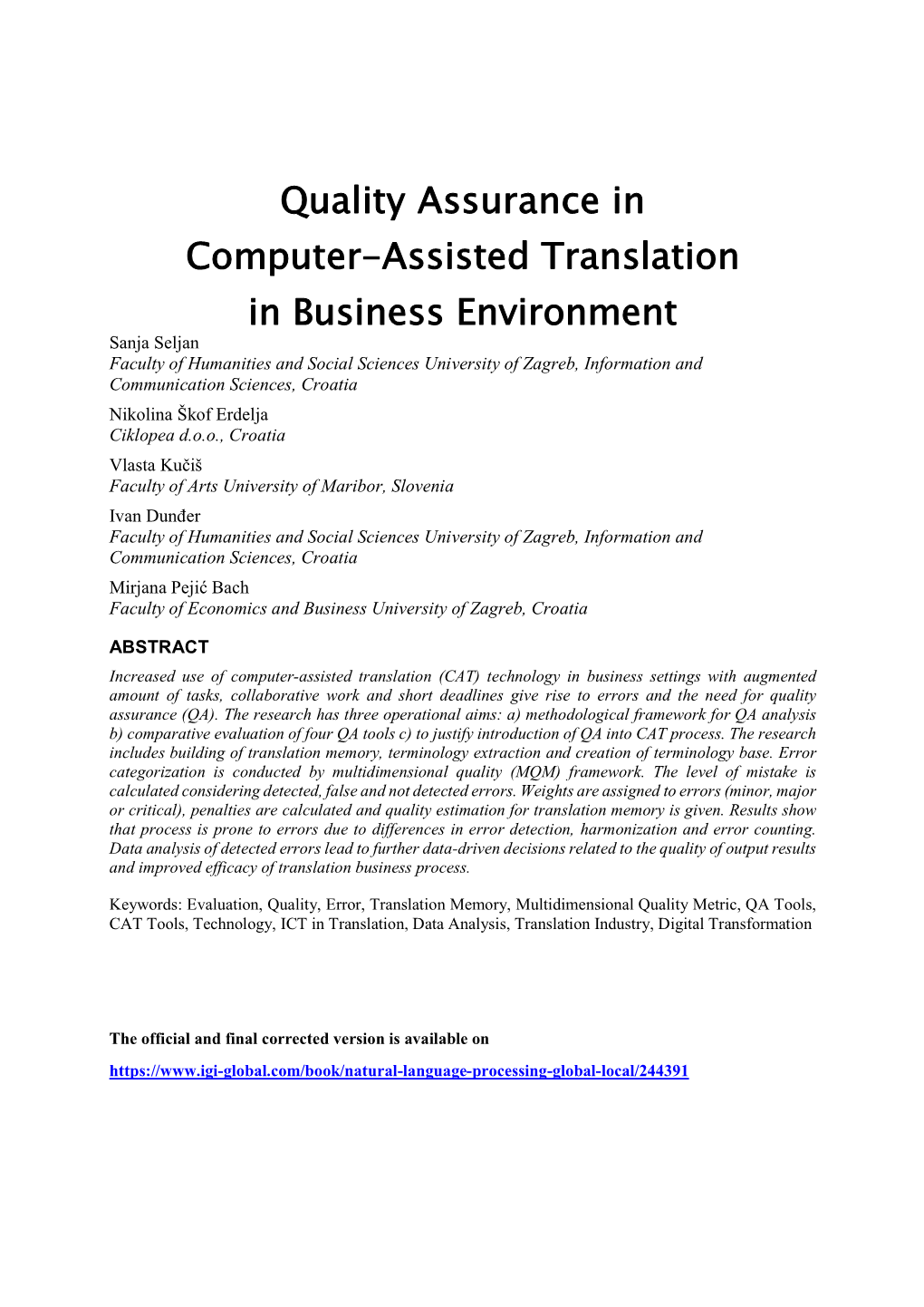 Quality Assurance in Computer-Assisted Translation In