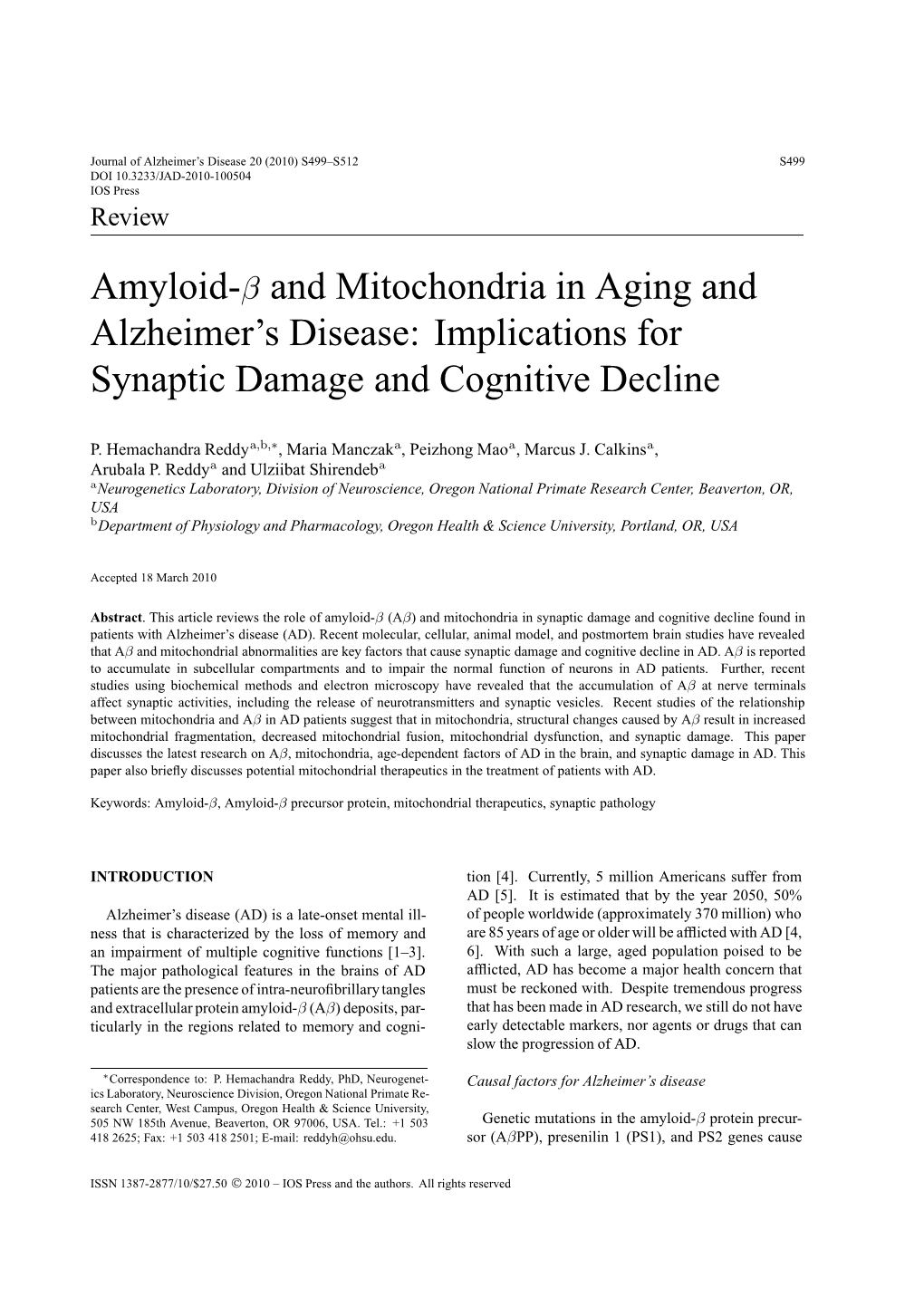 Amyloid-Β and Mitochondria in Aging and Alzheimer's Disease