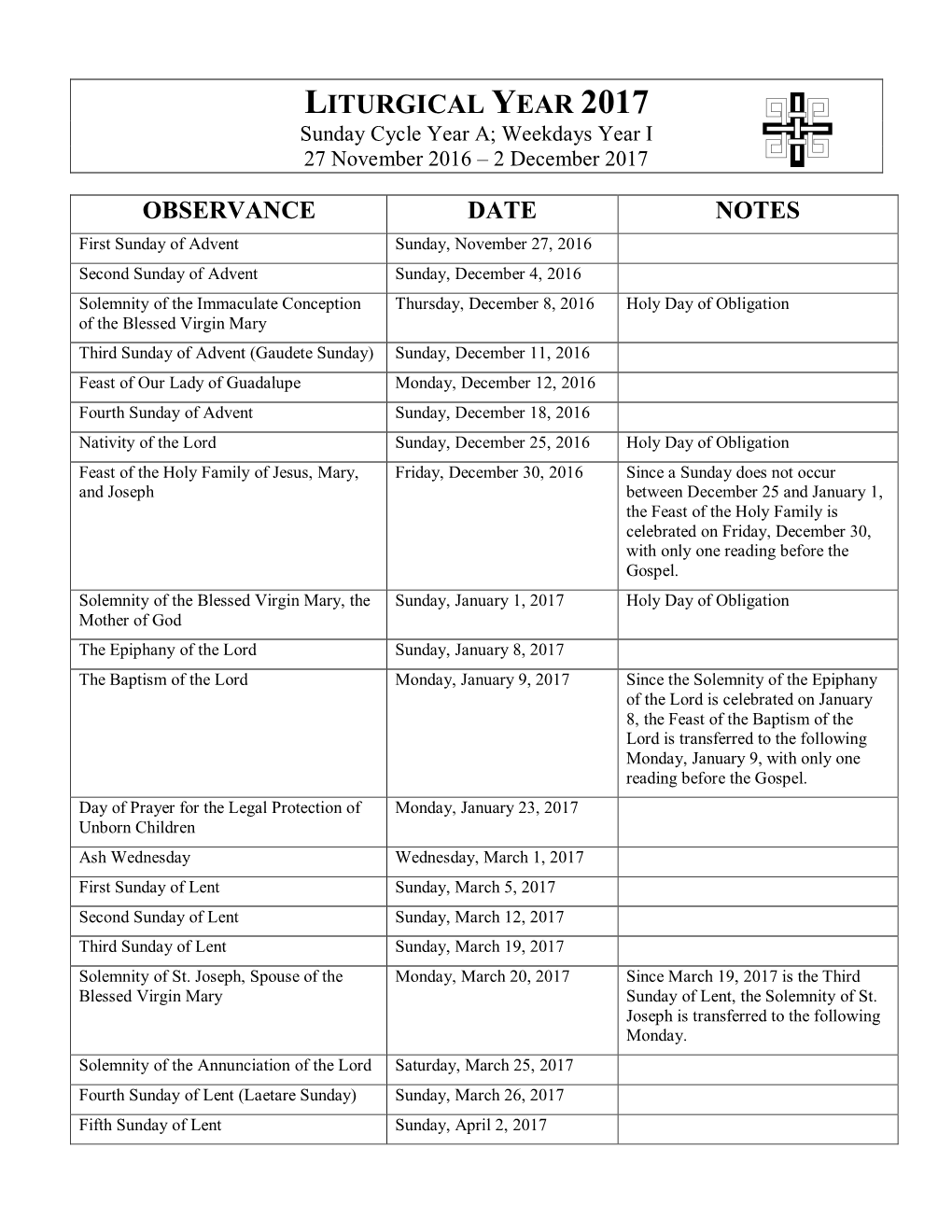 LITURGICAL YEAR 2017 Sunday Cycle Year A; Weekdays Year I 27 November 2016 – 2 December 2017