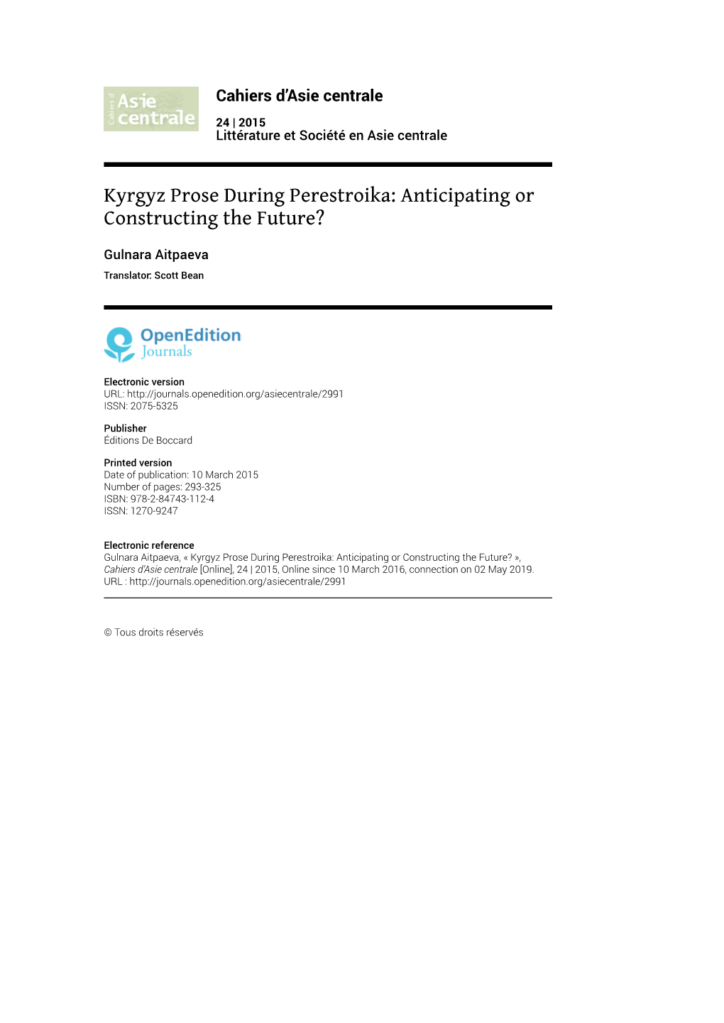 Kyrgyz Prose During Perestroika: Anticipating Or Constructing the Future?