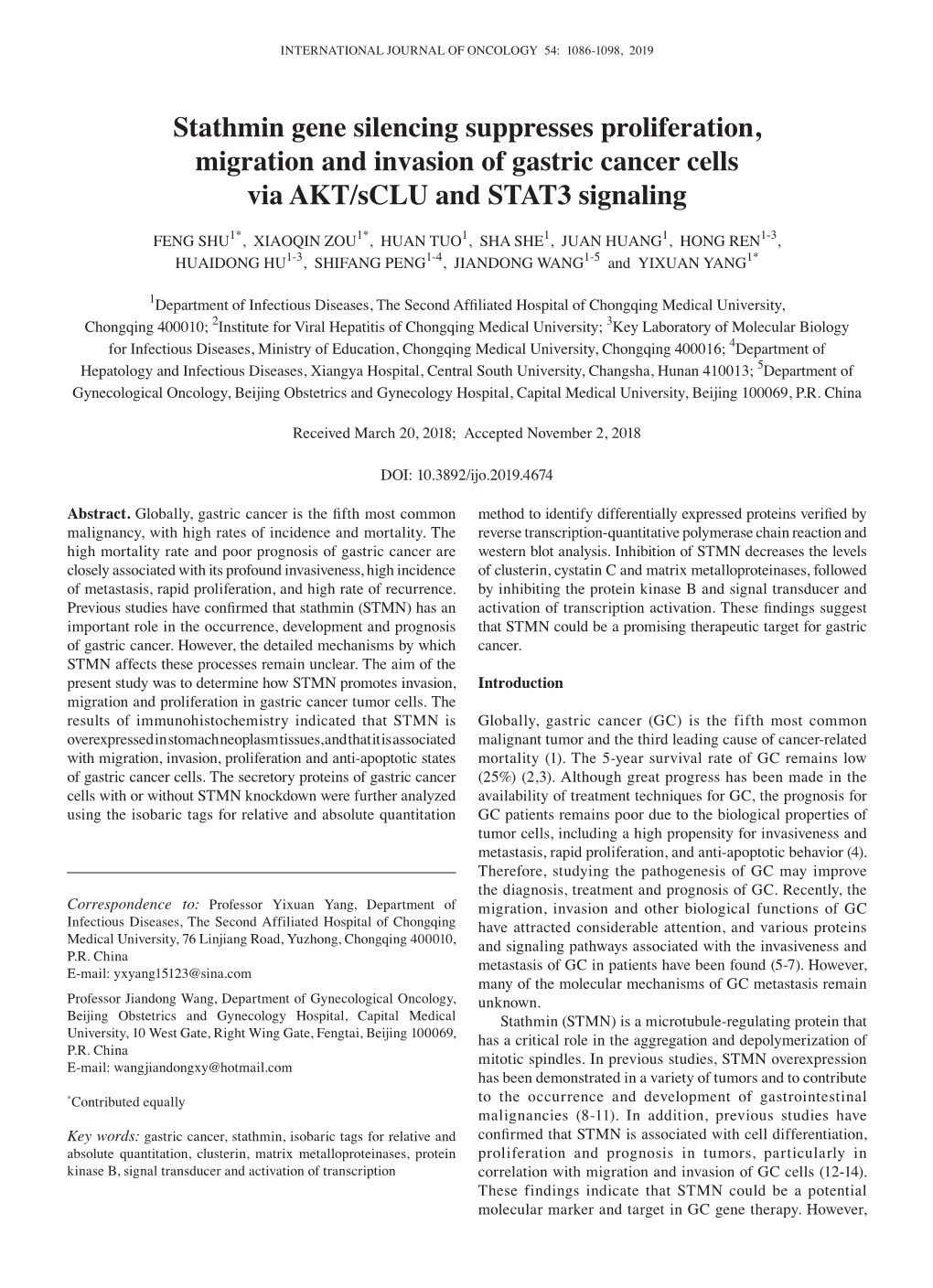 Stathmin Gene Silencing Suppresses Proliferation, Migration and Invasion of Gastric Cancer Cells Via AKT/Sclu and STAT3 Signaling