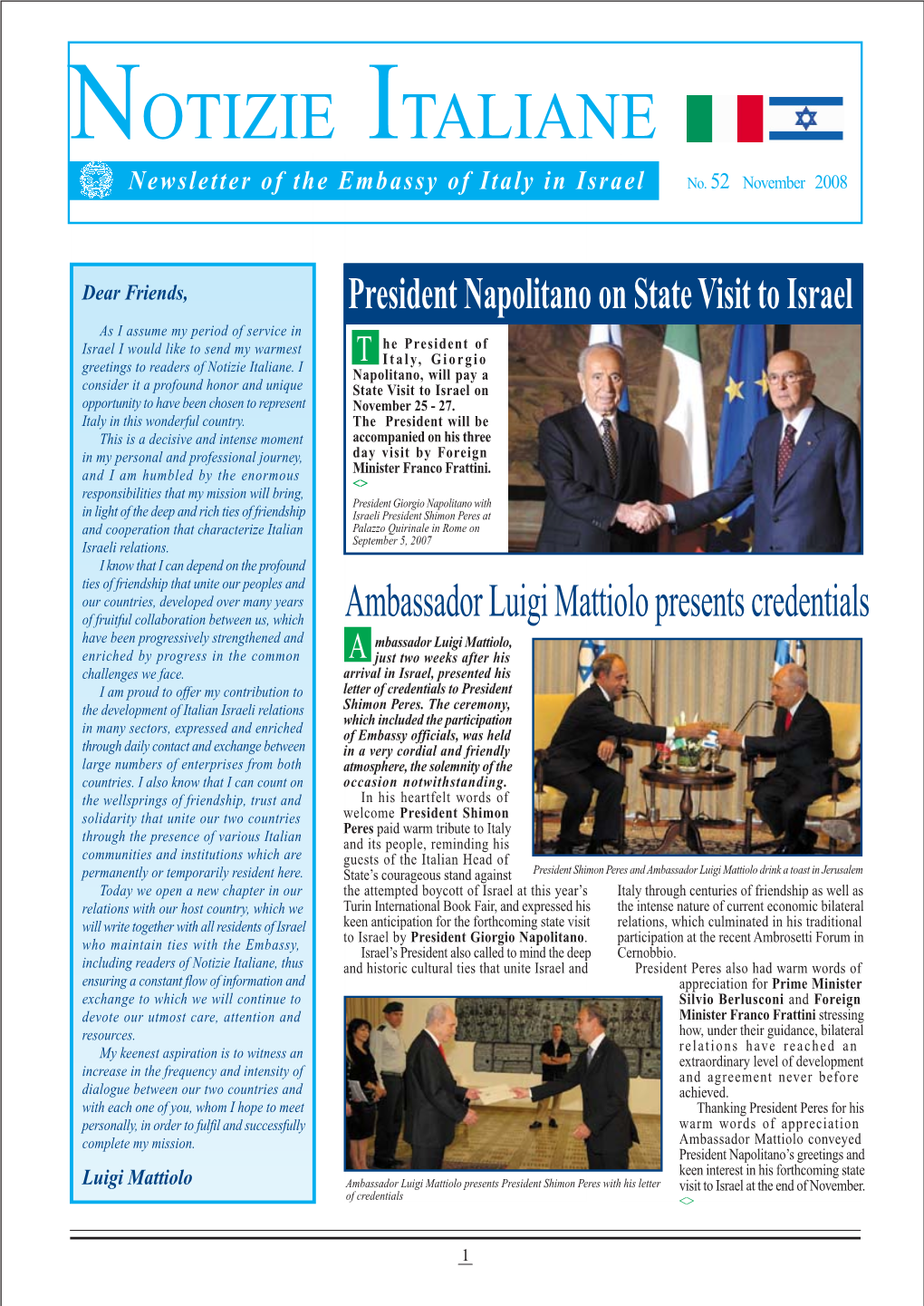NOTIZIE ITALIANE Newsletter of the Embassy of Italy in Israel No