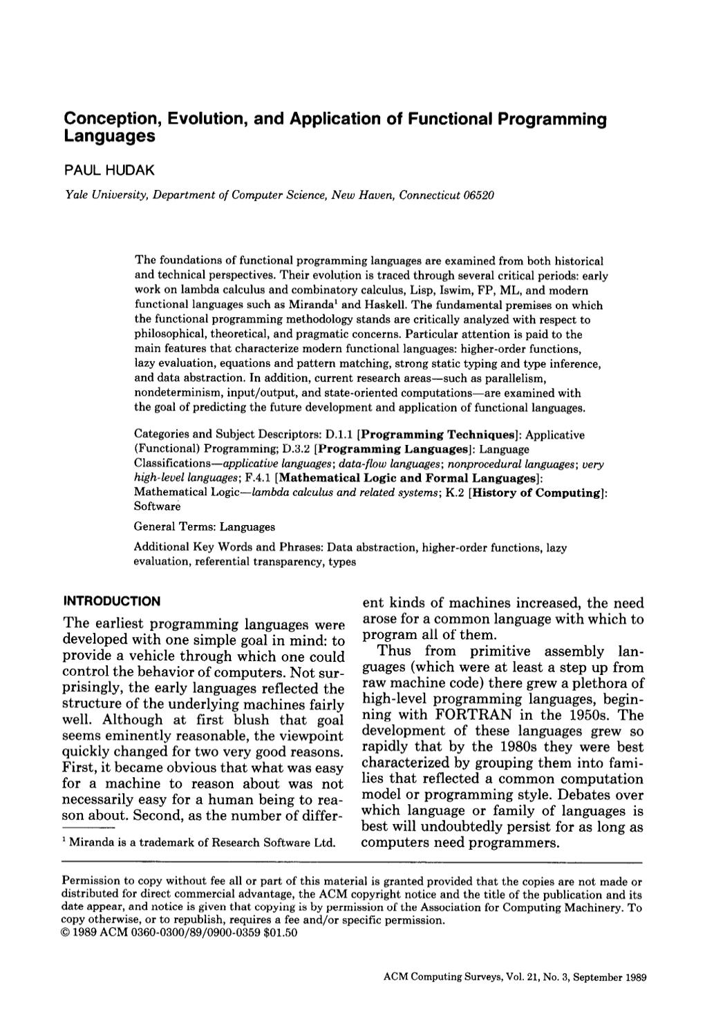 Conception, Evolution, and Application of Functional Programming Languages