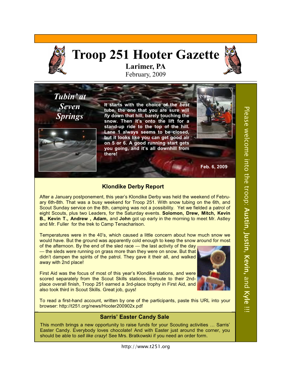 Troop 251 Hooter Gazette Larimer, PA February, 2009