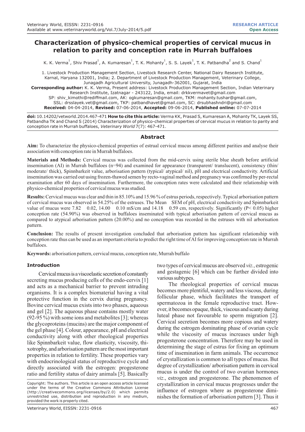 Characterization of Physico-Chemical Properties of Cervical Mucus in Relation to Parity and Conception Rate in Murrah Buffaloes