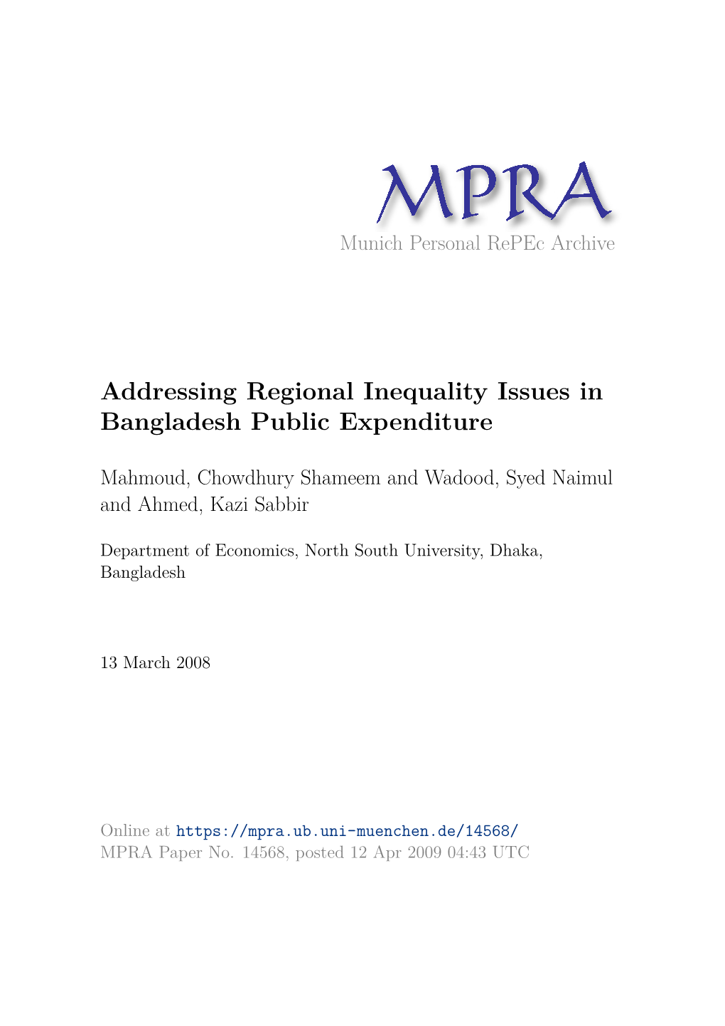 Addressing Regional Inequality Issues in Bangladesh Public Expenditure