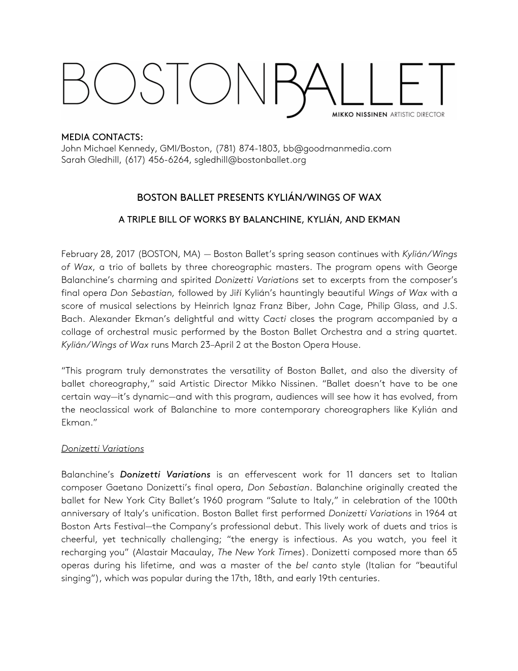 Boston Ballet Presents Kylián/Wings of Wax