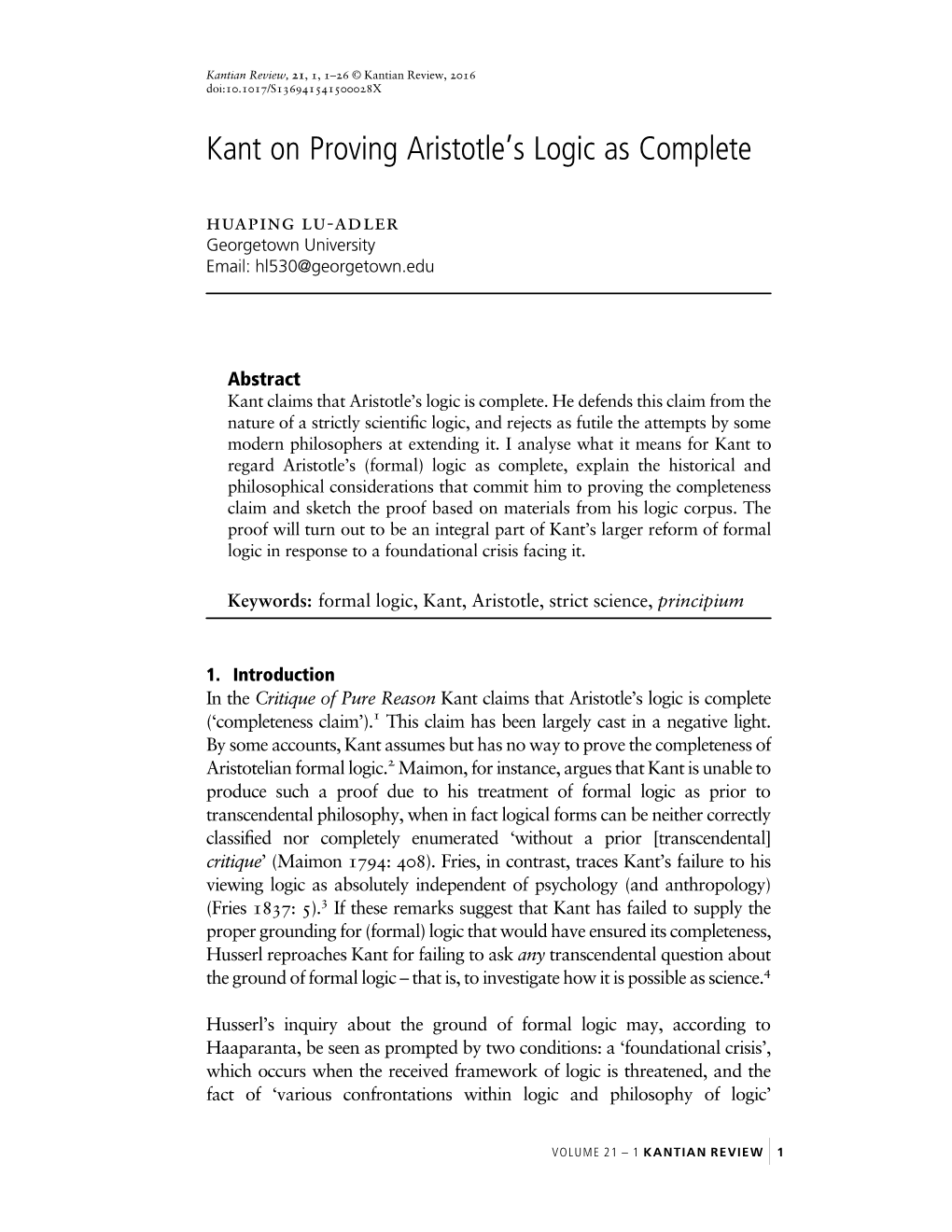 Kant on Proving Aristotle's Logic As Complete