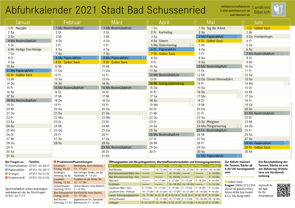 Abfuhrkalender 2021 Stadt Bad Schussenried