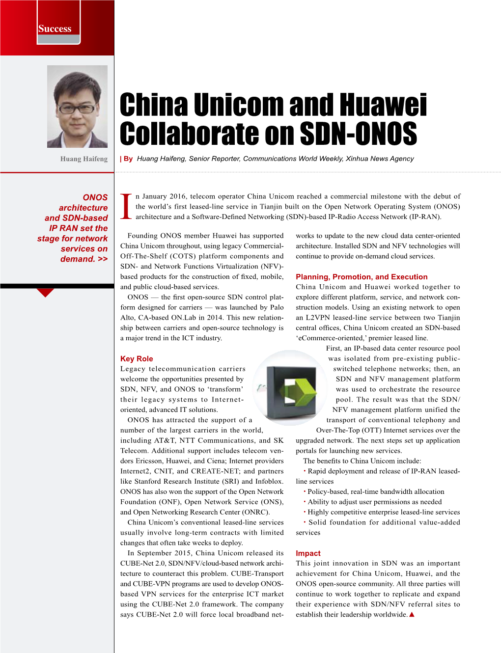 China Unicom and Huawei Collaborate on SDN-ONOS