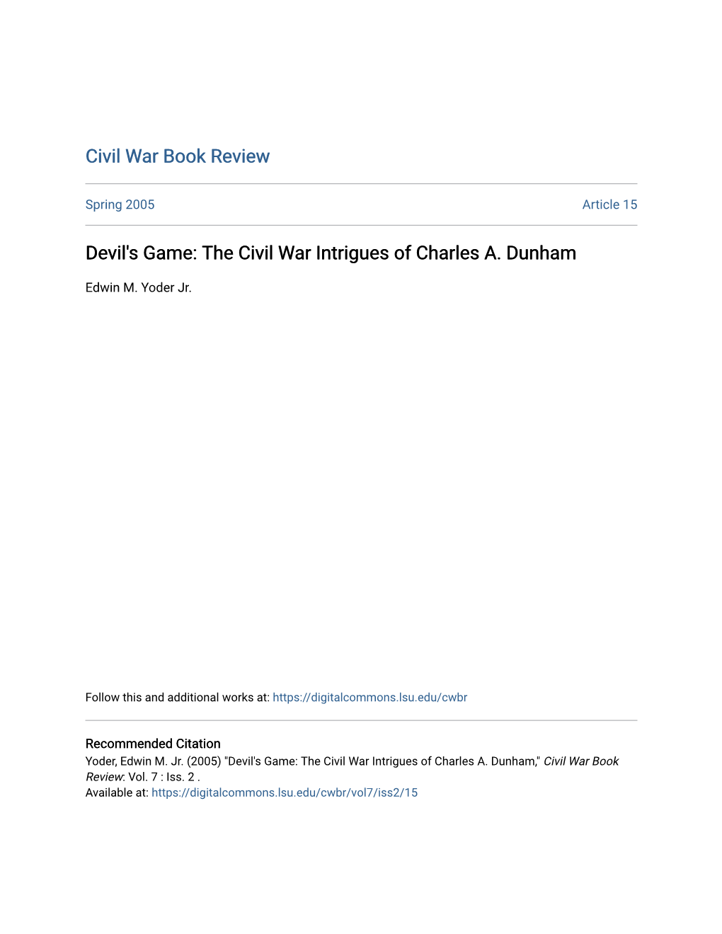 The Civil War Intrigues of Charles A. Dunham