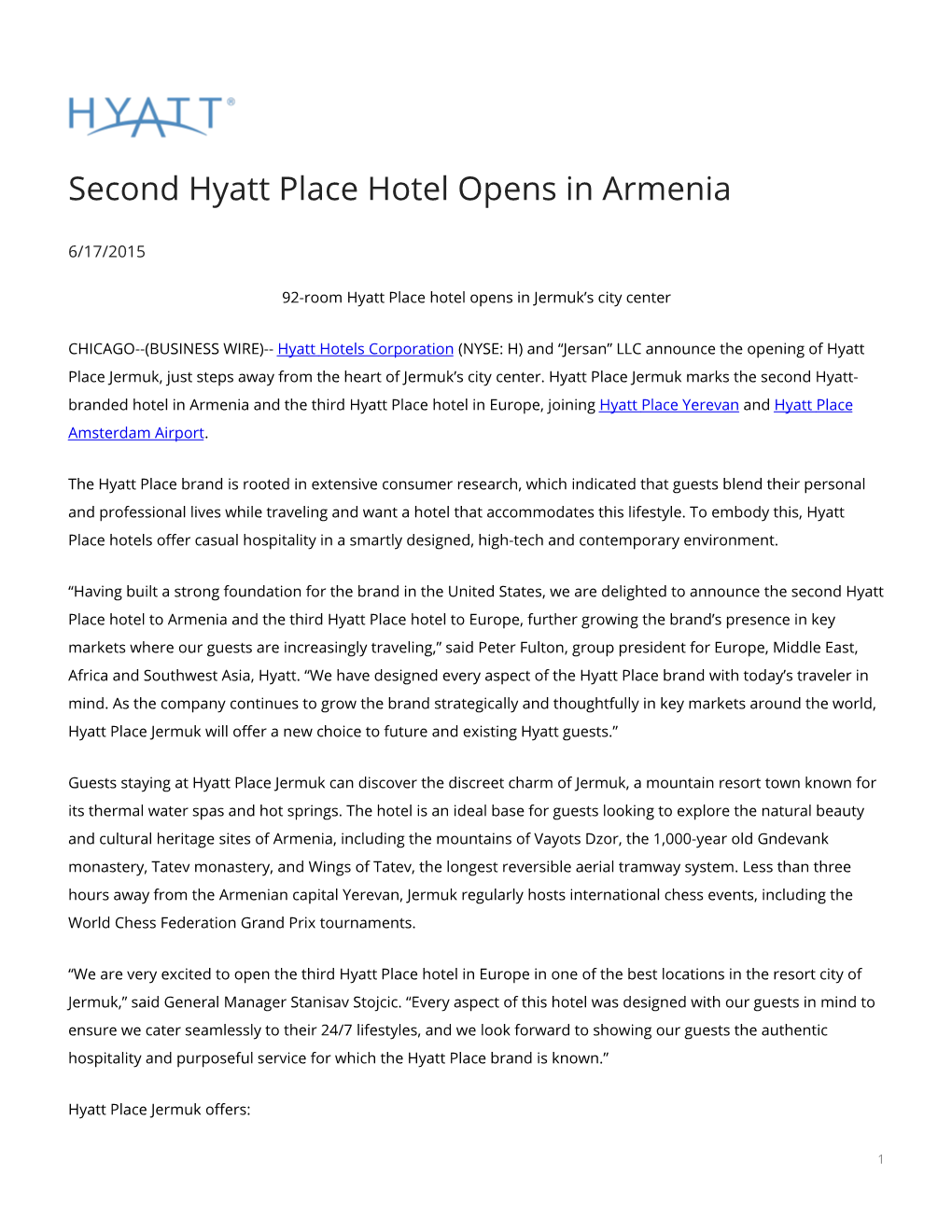 Second Hyatt Place Hotel Opens in Armenia