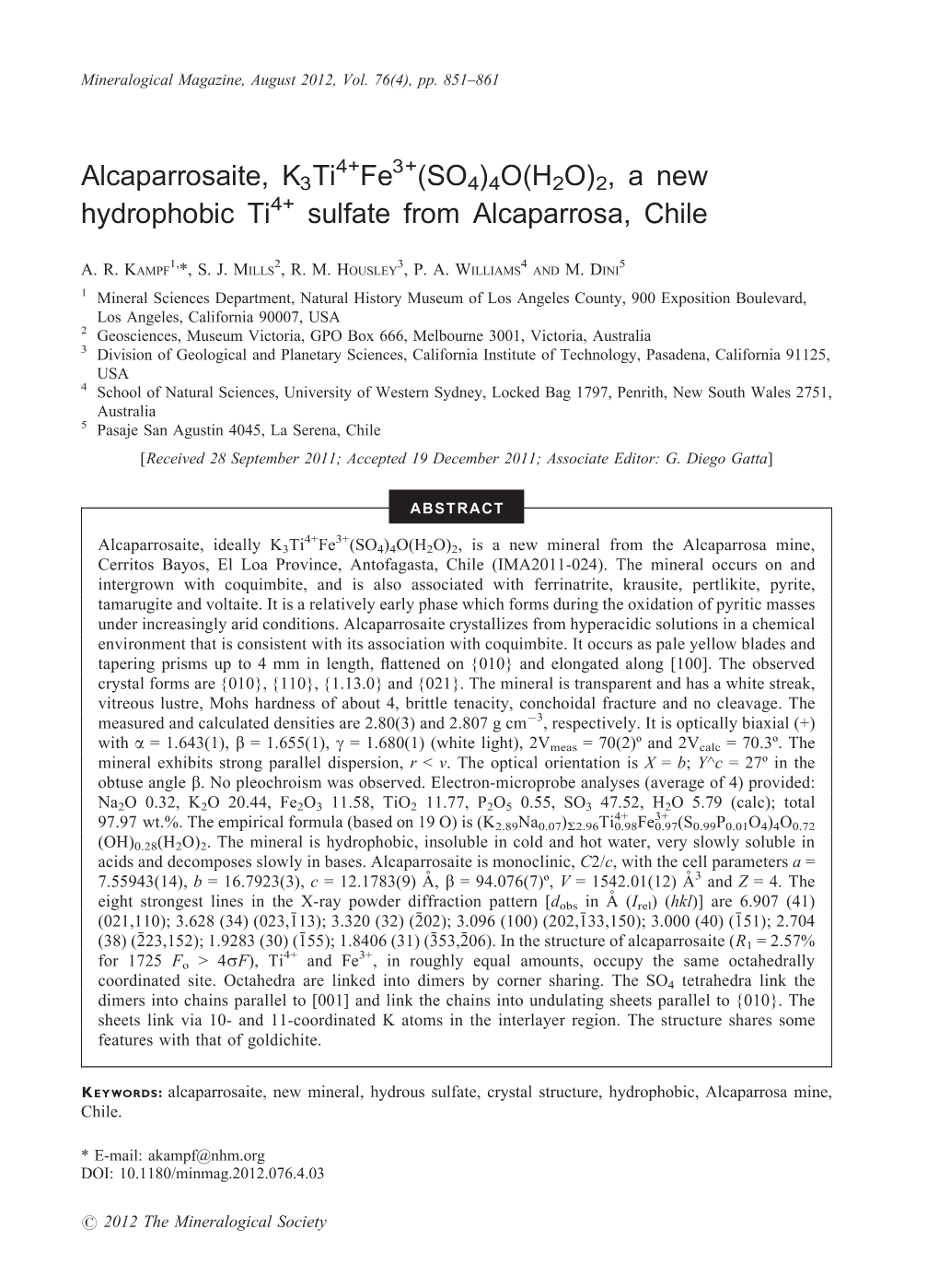 SO4)4O(H2O)2, a New Hydrophobic Ti4+ Sulfate from Alcaparrosa, Chile