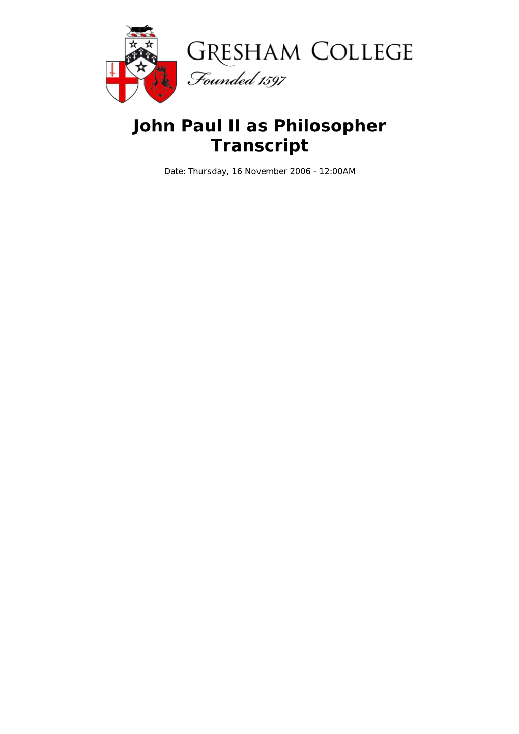 John Paul II As Philosopher Transcript
