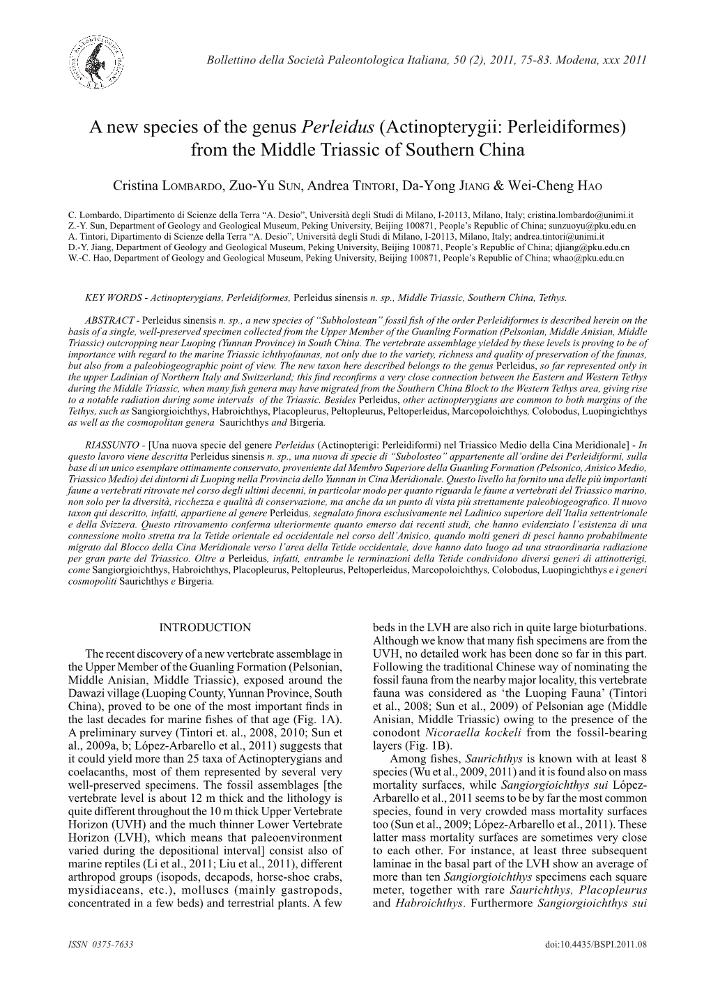 A New Species of the Genus Perleidus (Actinopterygii: Perleidiformes) from the Middle Triassic of Southern China