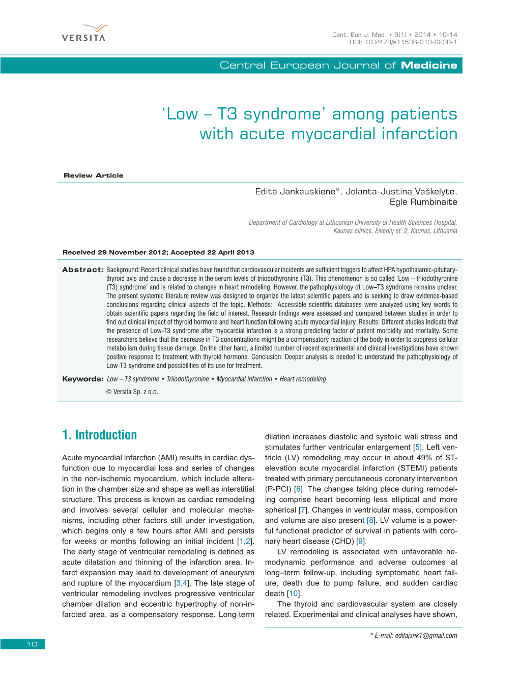 'Low – T3 Syndrome' Among Patients with Acute Myocardial Infarction