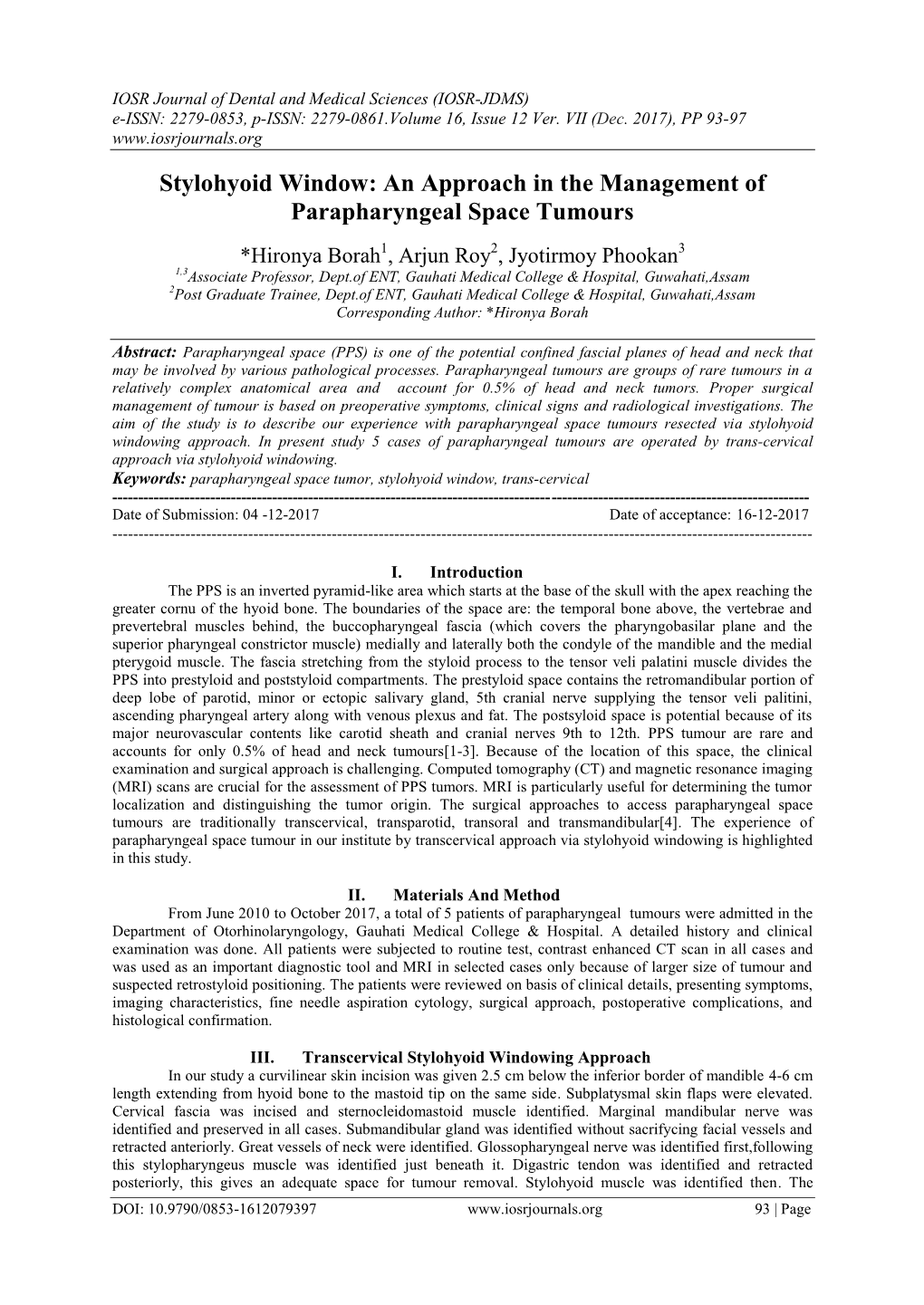 Stylohyoid Window: an Approach in the Management of Parapharyngeal Space Tumours