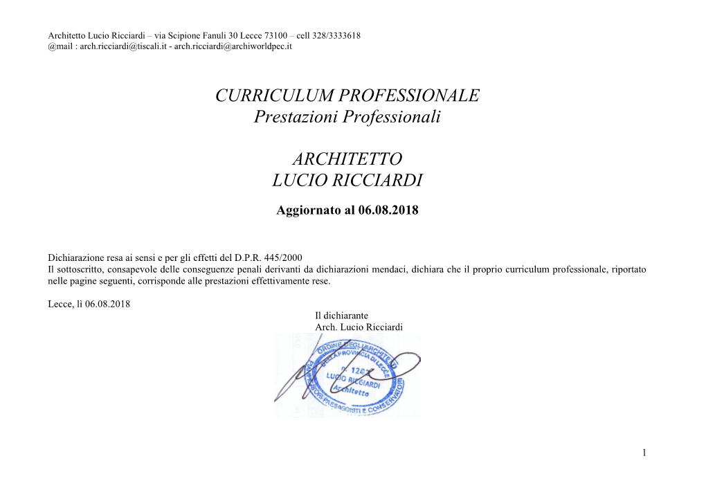 CURRICULUM PROFESSIONALE Prestazioni Professionali ARCHITETTO LUCIO RICCIARDI