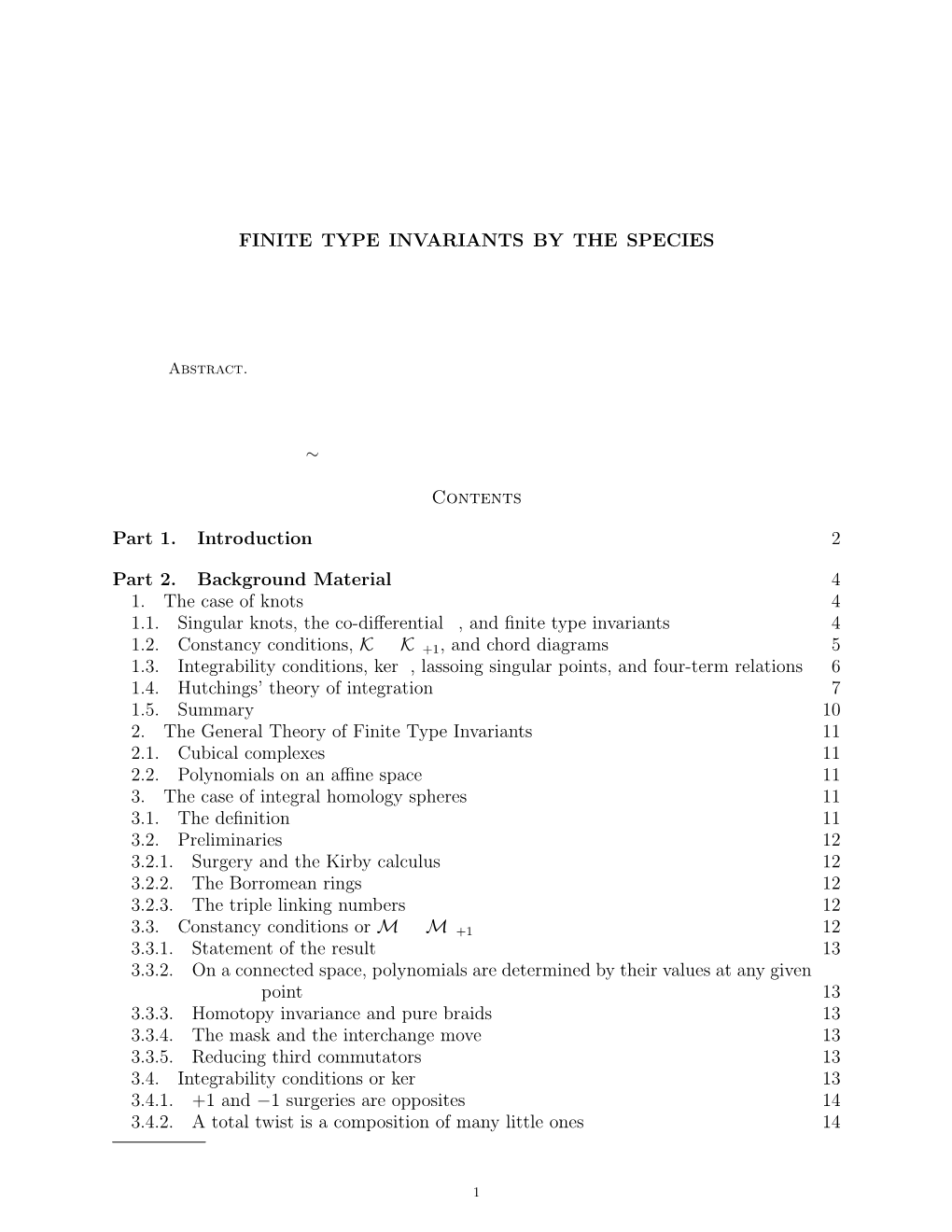 FINITE TYPE INVARIANTS by the SPECIES Contents Part 1