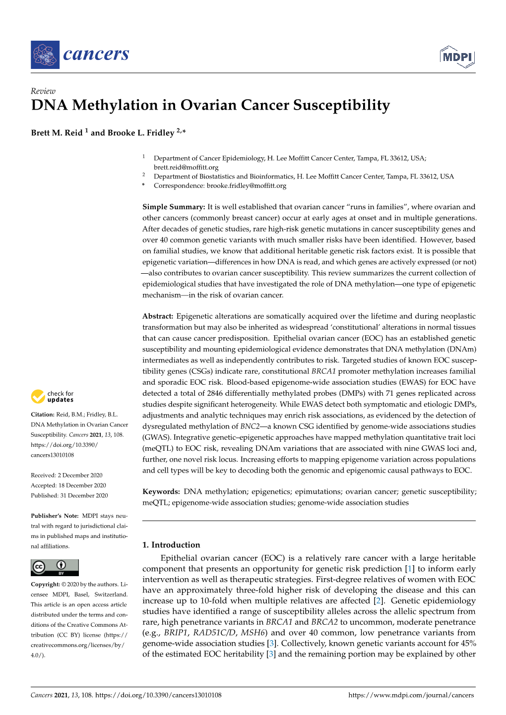 DNA Methylation in Ovarian Cancer Susceptibility