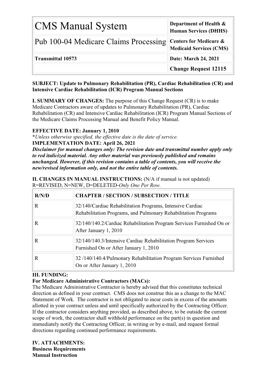 Cardiac Rehabilitation (CR) and Intensive Cardiac Rehabilitation (ICR) Program Manual Sections
