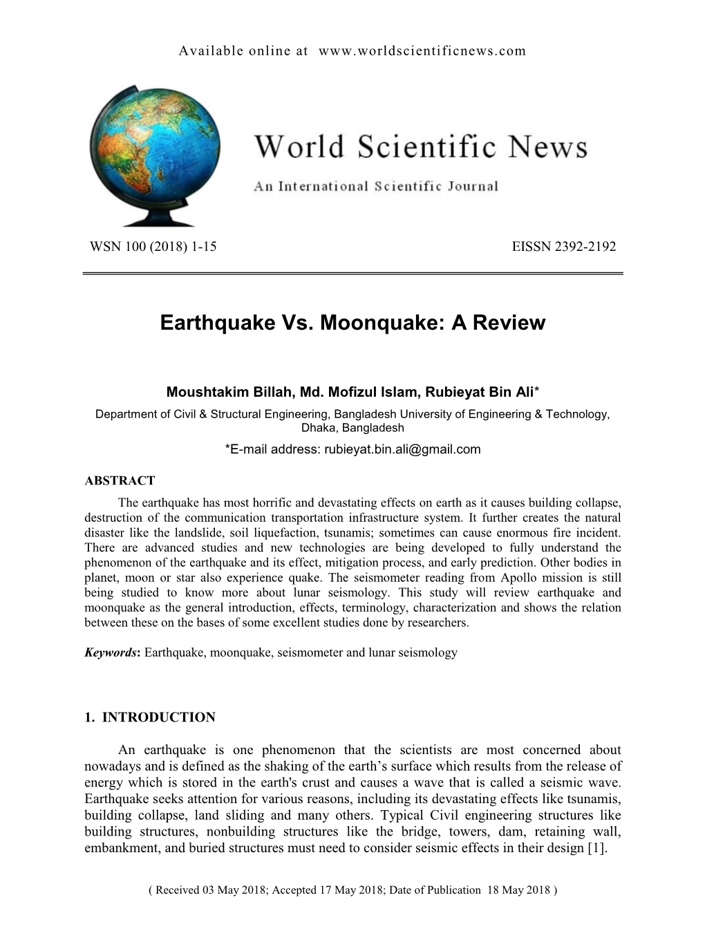 Earthquake Vs. Moonquake: a Review