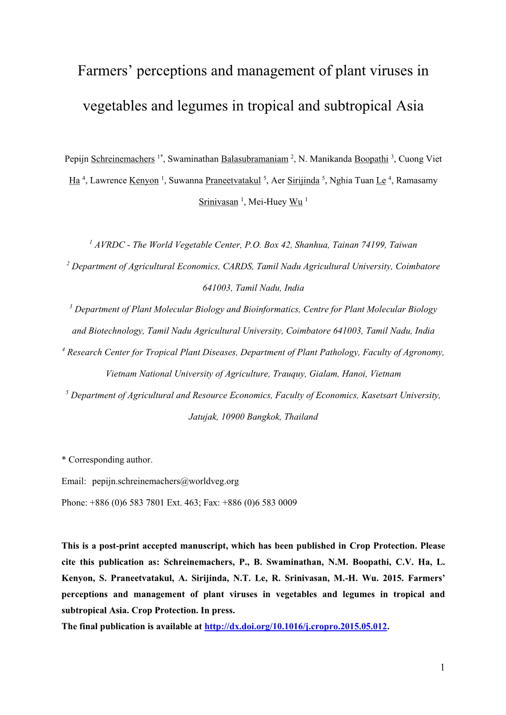 Farmers' Perceptions and Management of Plant Viruses In