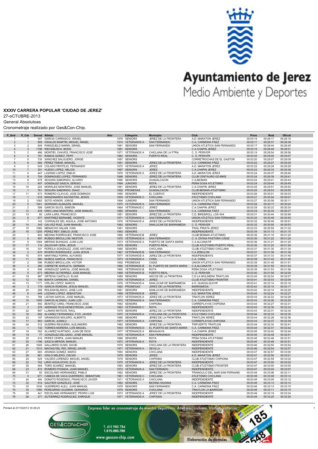 XXXIV CARRERA POPULAR 'CIUDAD DE JEREZ' 27-Octubre-2013 General Absolutoas Cronometraje Realizado Por Ges&Con-Chip