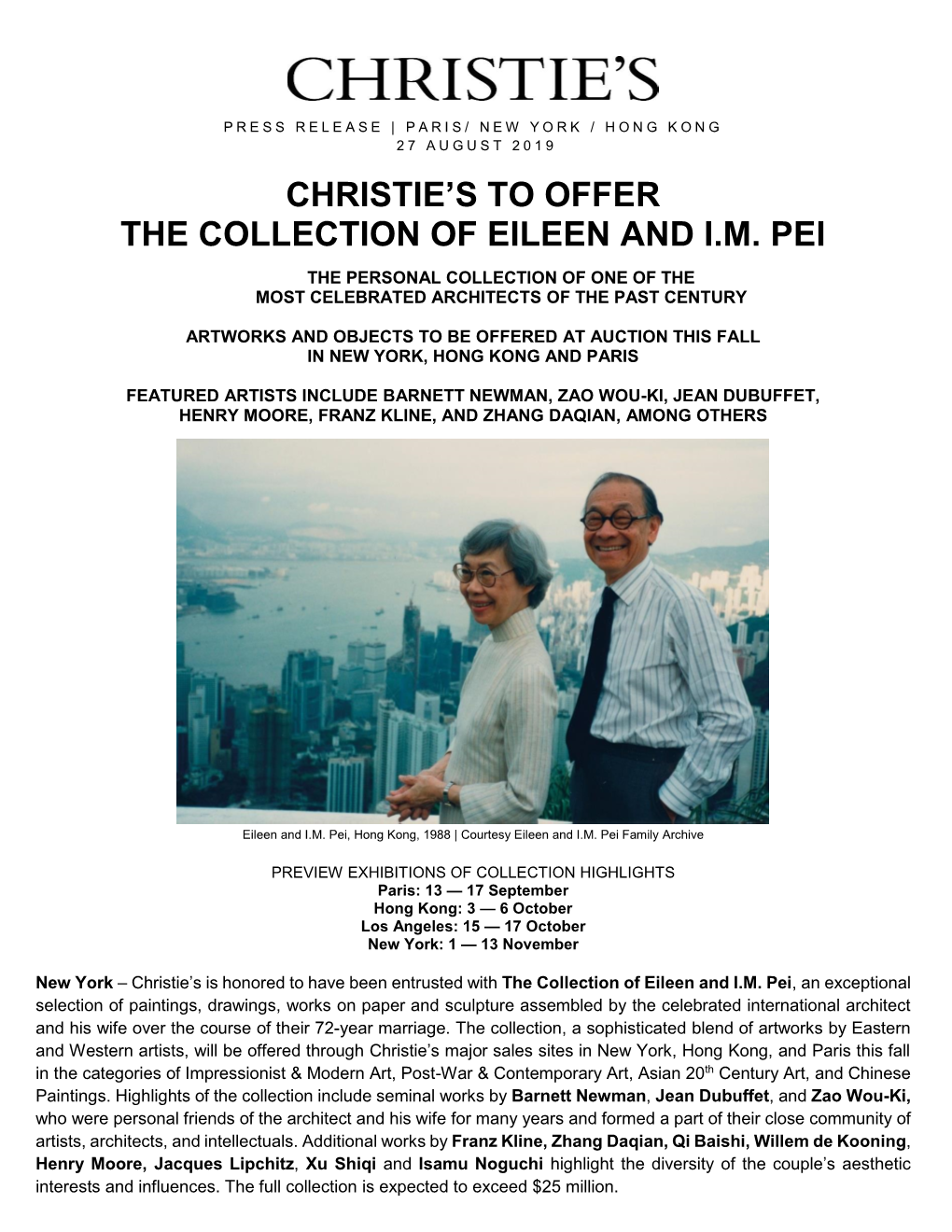 Christie's to Offer the Collection of Eileen and I.M