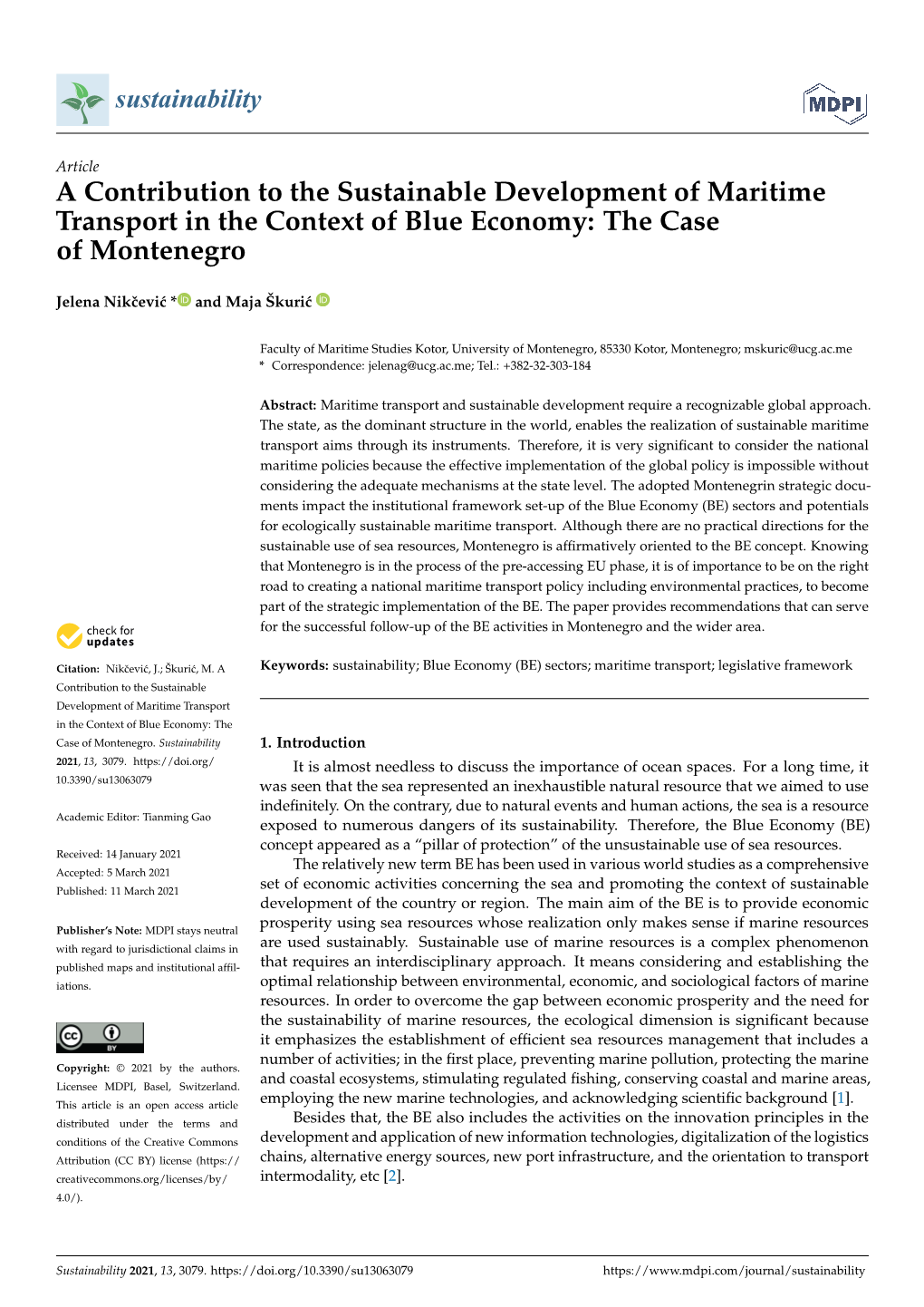 A Contribution to the Sustainable Development of Maritime Transport in the Context of Blue Economy: the Case of Montenegro