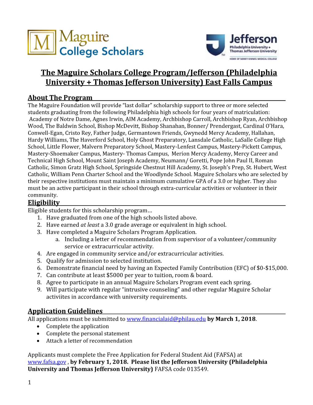 The Maguire Scholars College Program/Jefferson (Philadelphia University + Thomas Jefferson University) East Falls Campus