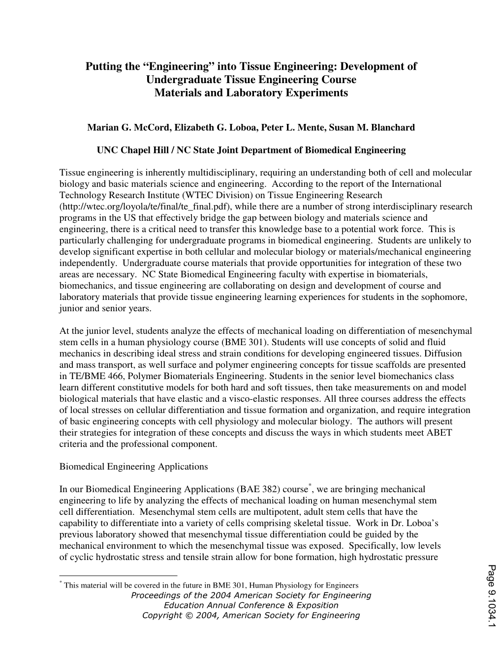 Engineering” Into Tissue Engineering: Development of Undergraduate Tissue Engineering Course Materials and Laboratory Experiments