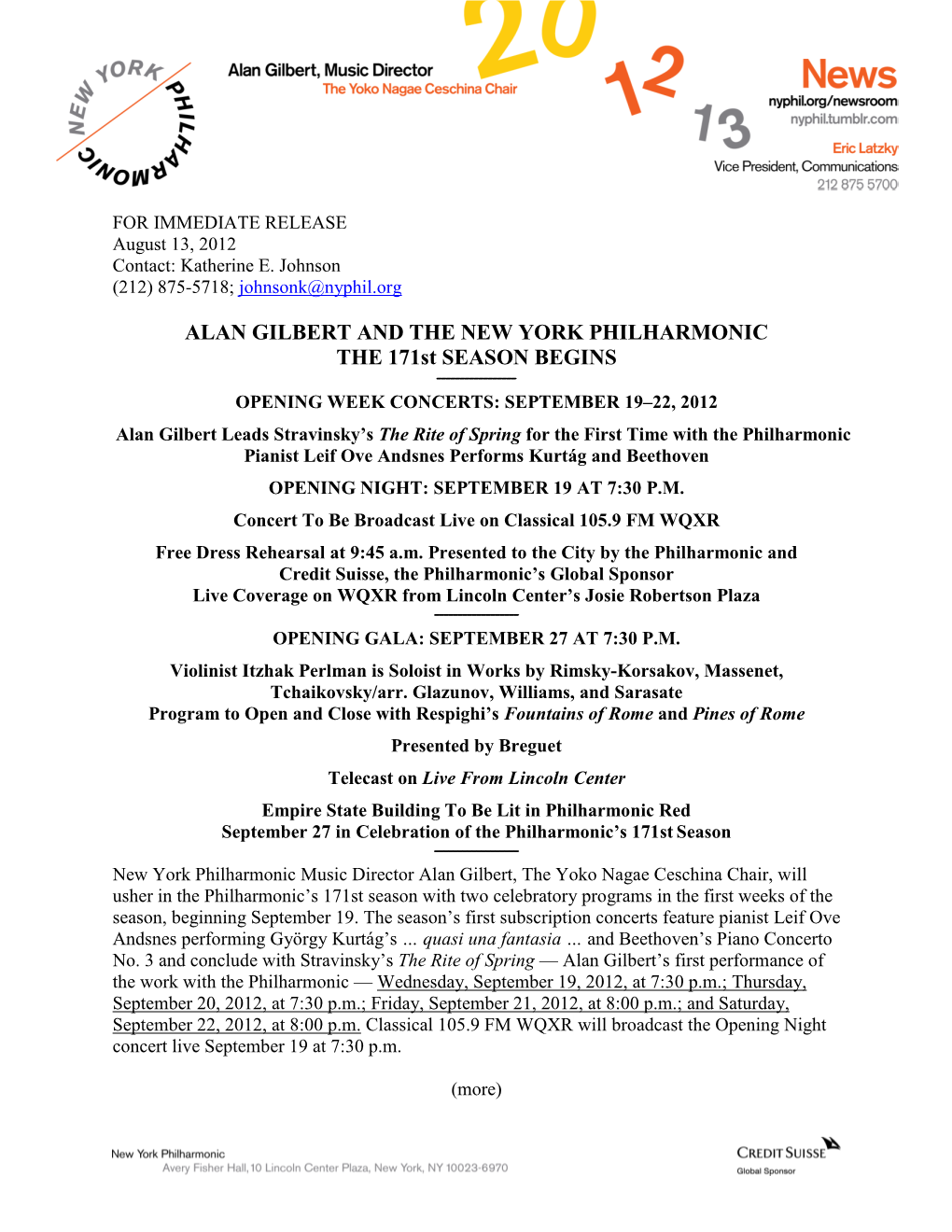 ALAN GILBERT and the NEW YORK PHILHARMONIC the 171St SEASON BEGINS ______