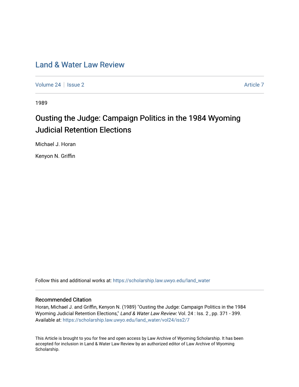 Ousting the Judge: Campaign Politics in the 1984 Wyoming Judicial Retention Elections
