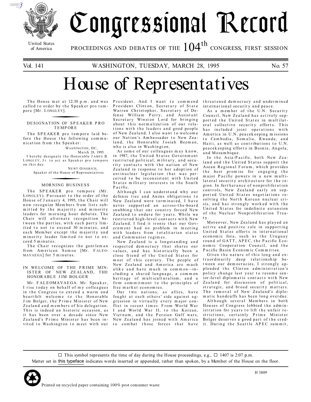 Congressional Record United States Th of America PROCEEDINGS and DEBATES of the 104 CONGRESS, FIRST SESSION