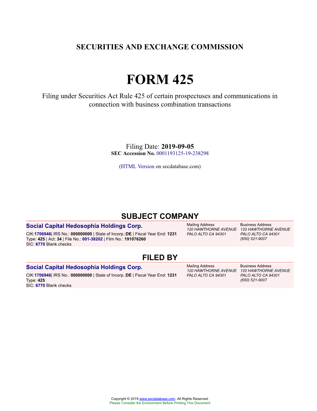 Social Capital Hedosophia Holdings Corp. Form 425 Filed 2019-09-05