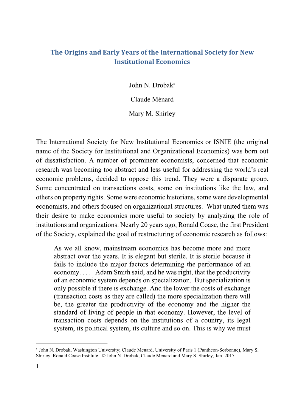 The Origins and Early Years of the International Society for New Institutional Economics