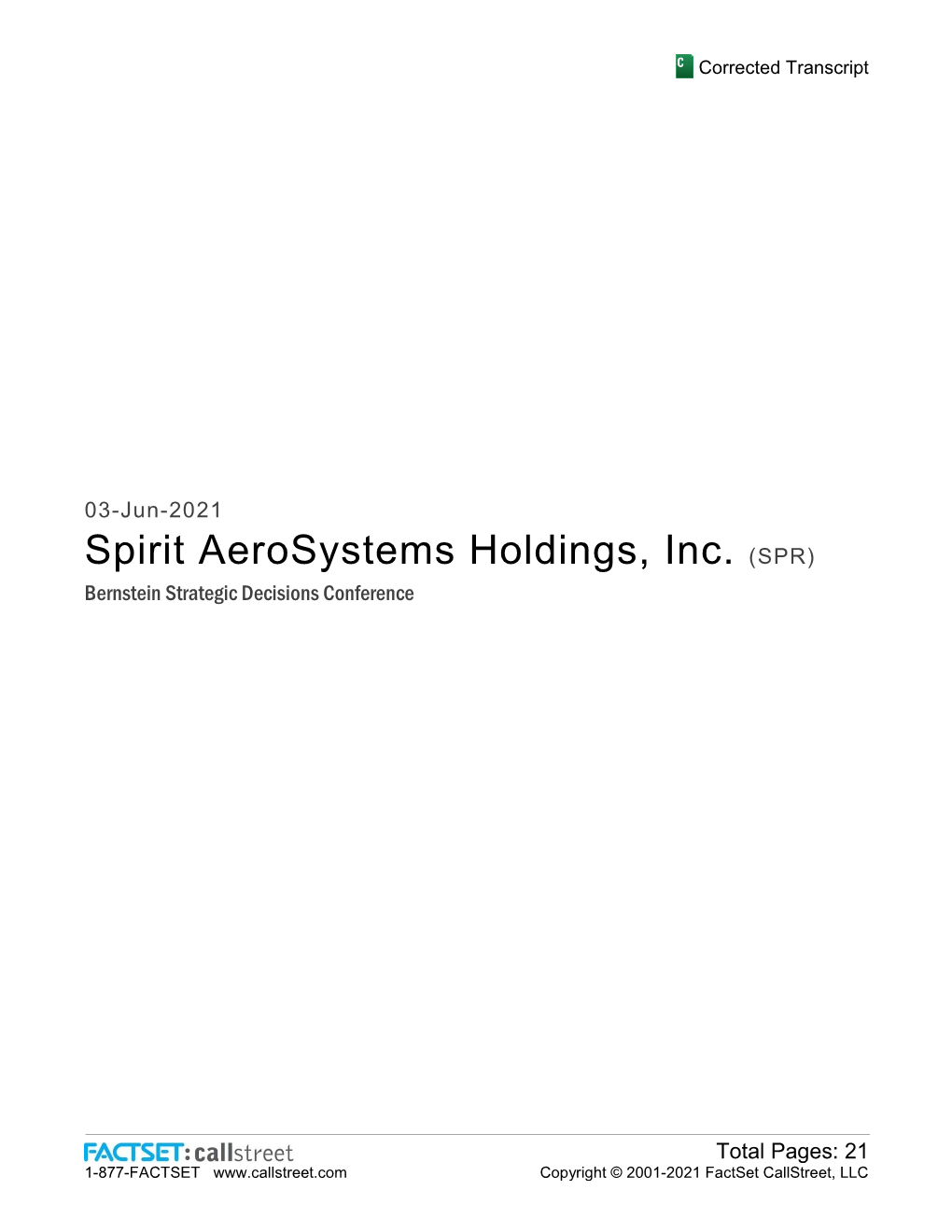 Spirit Aerosystems Holdings, Inc. (SPR) Bernstein Strategic Decisions Conference