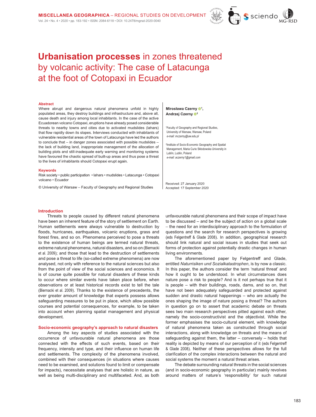 Urbanisation Processes in Zones Threatened by Volcanic Activity: the Case of Latacunga at the Foot of Cotopaxi in Ecuador