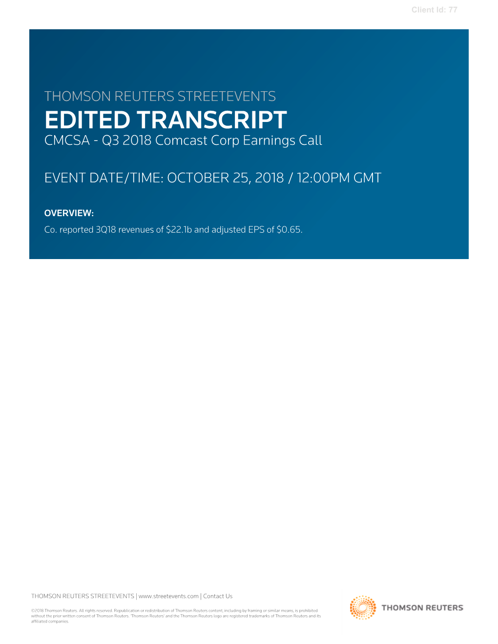 TRANSCRIPT CMCSA - Q3 2018 Comcast Corp Earnings Call