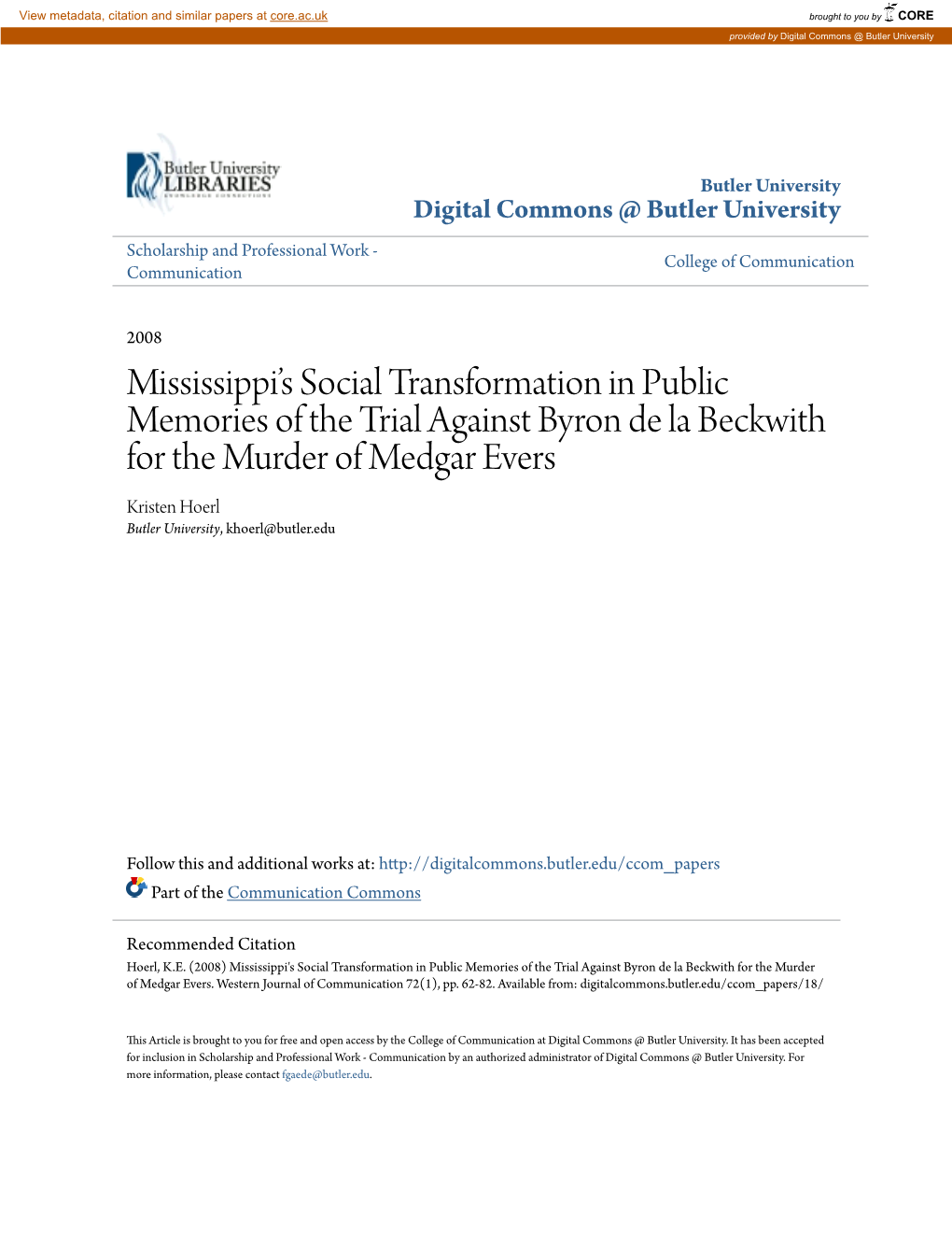 Mississippi's Social Transformation in Public Memories of the Trial Against Byron De La Beckwith for the Murder of Medgar Evers