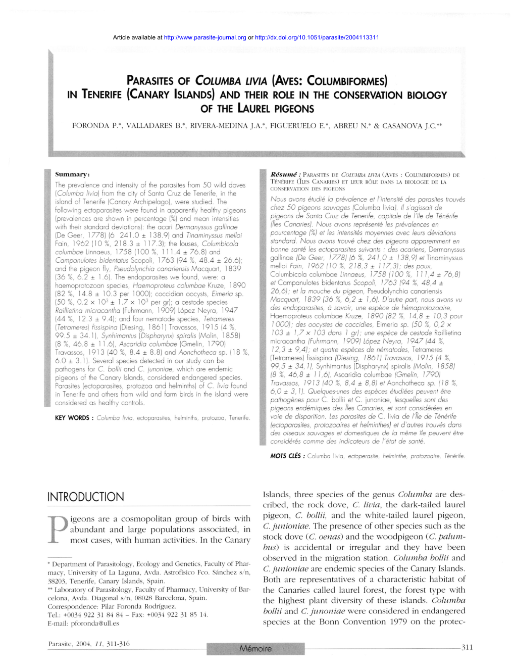 Parasites of Columba Livia \(Aves: Columbiformes\) in Tenerife