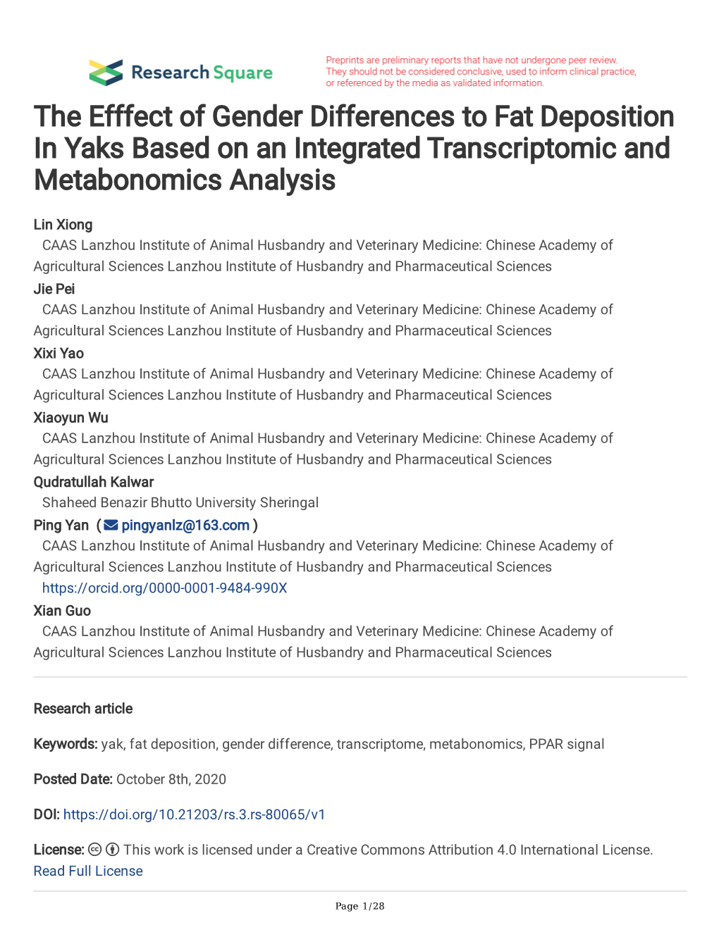 The Efffect of Gender Differences to Fat Deposition in Yaks Based on an Integrated Transcriptomic and Metabonomics Analysis