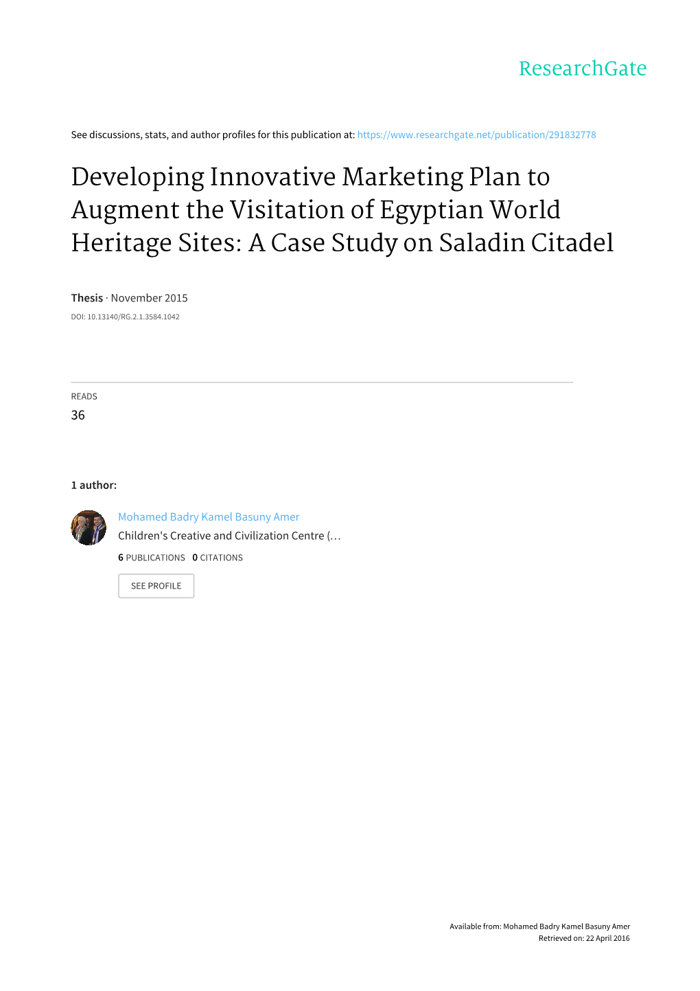 Developing Innovative Marketing Plan to Augment the Visitation of Egyptian World Heritage Sites: a Case Study on Saladin Citadel