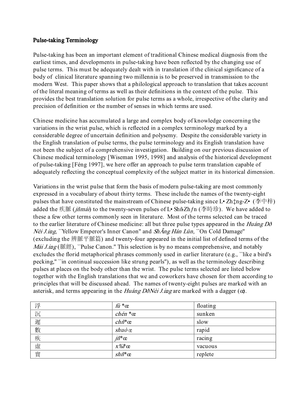 Pulse-Taking Terminology