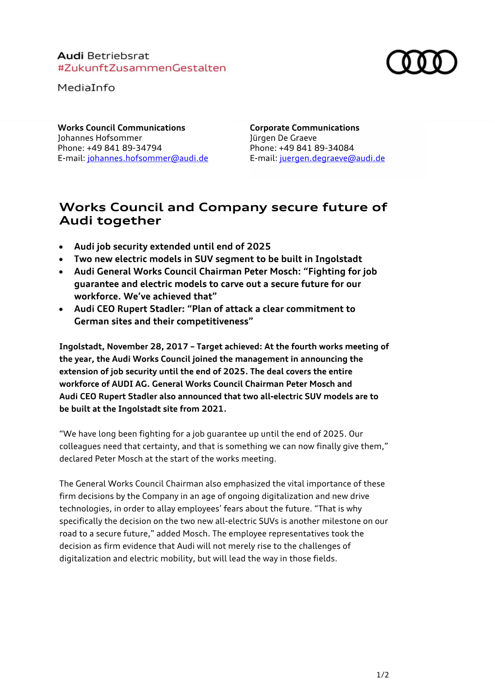 Works Council and Company Secure Future of Audi Together